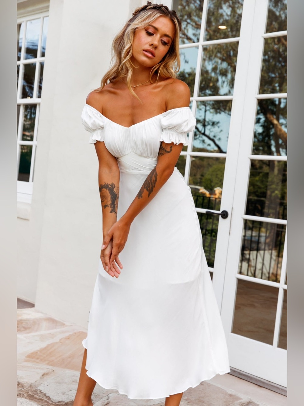 🆕(NWT) SELFIE LESLIE Linka Off-Shoulder Tie Back Midi Dress White. US XL/ AU 14